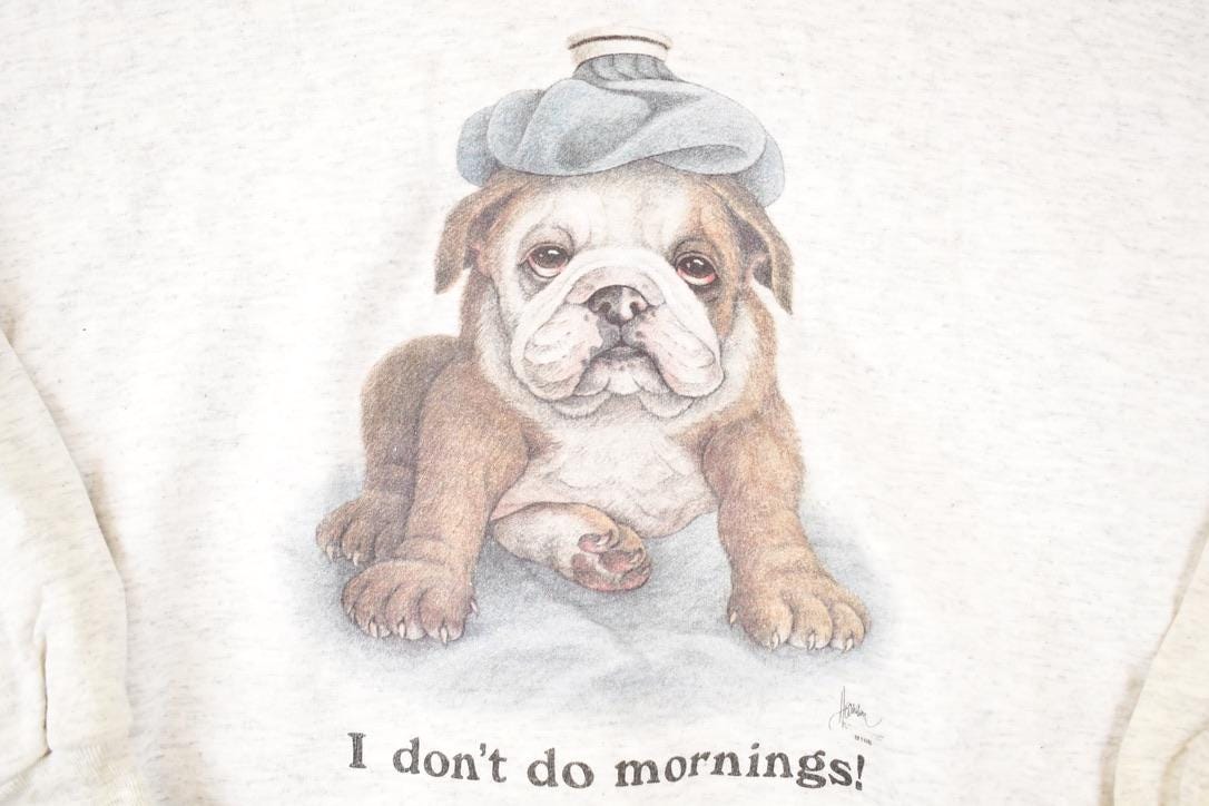 Vintage 1990s I Don't Do Mornings Bulldog Graphic Print Crewneck Sweatshirt Men's XL from propervintagecanada