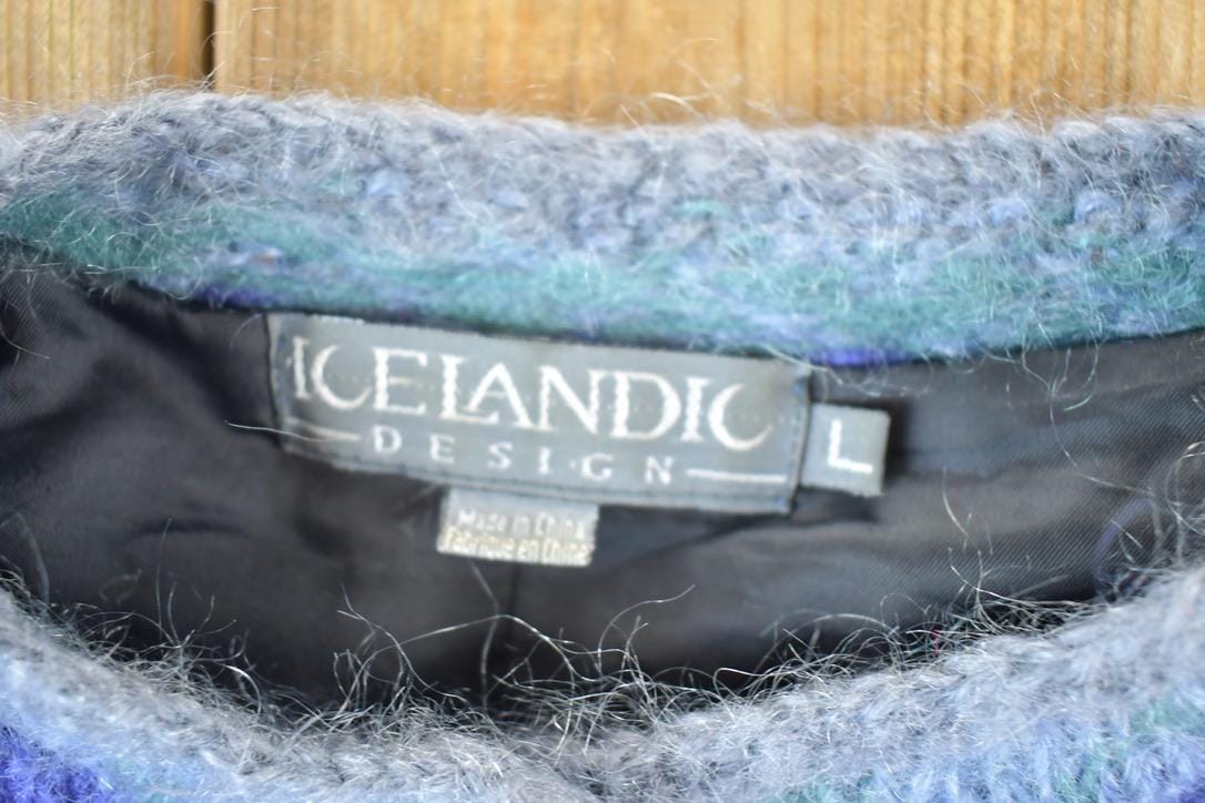 Vintage 1990s Icelandic Design Button Up Knit Abstract Pattern Crewneck Sweater Womens M from propervintagecanada