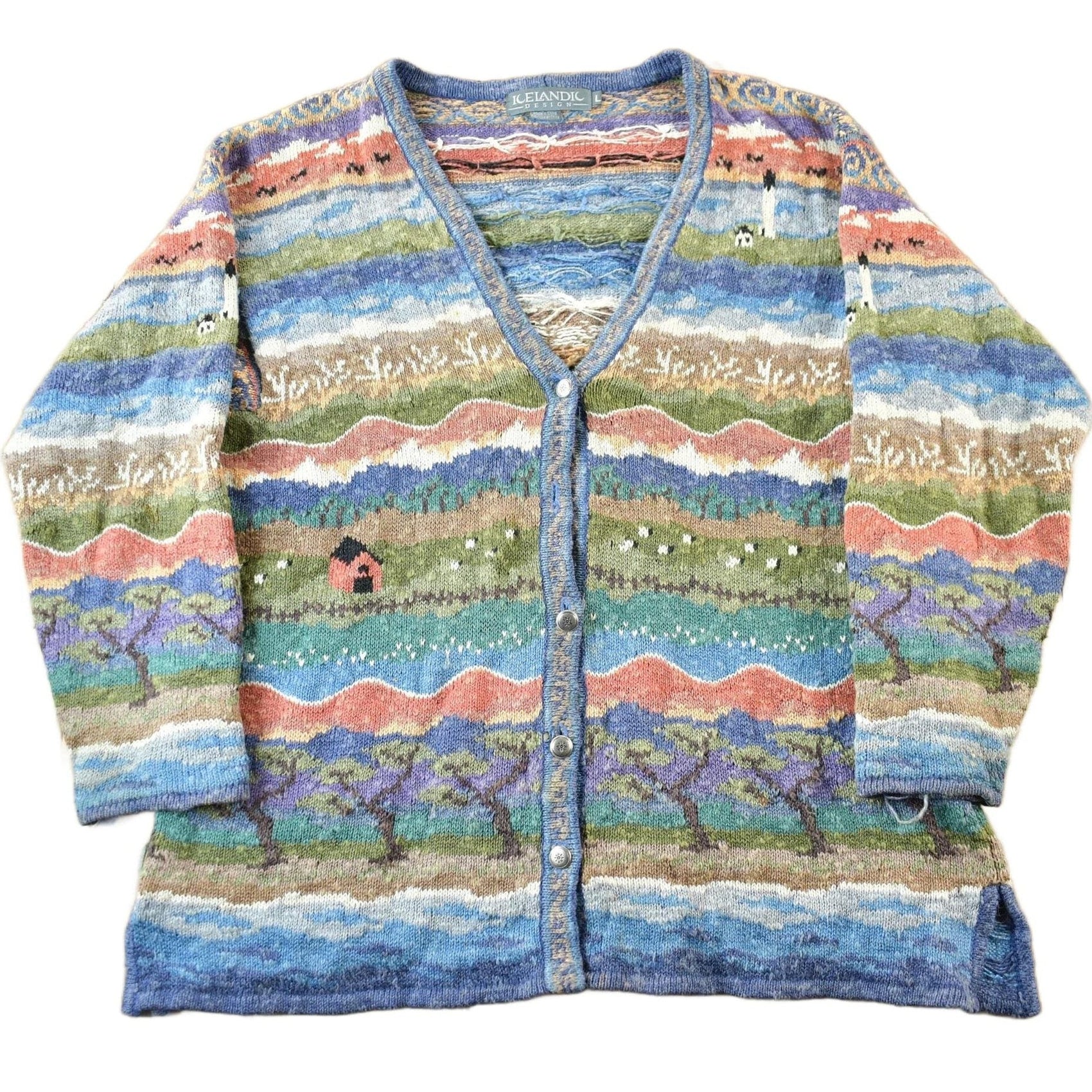 Vintage 1990s Icelandic Design Landscape Knit Cardigan Sweater Women's Large from propervintagecanada