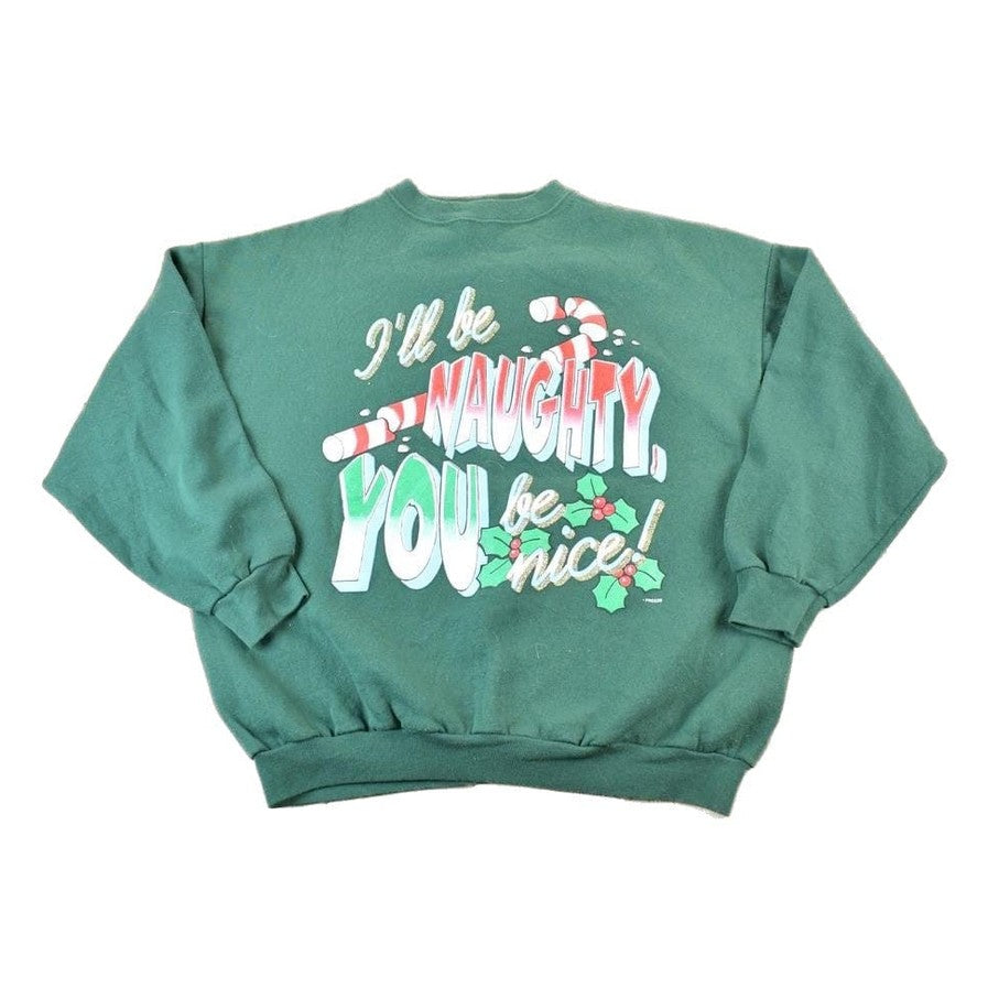 Vintage 1990s Ill Be Naughty Cute Christmas Funny Crewneck Sweater Made In USA 90s Crewneck Men's XL from propervintagecanada