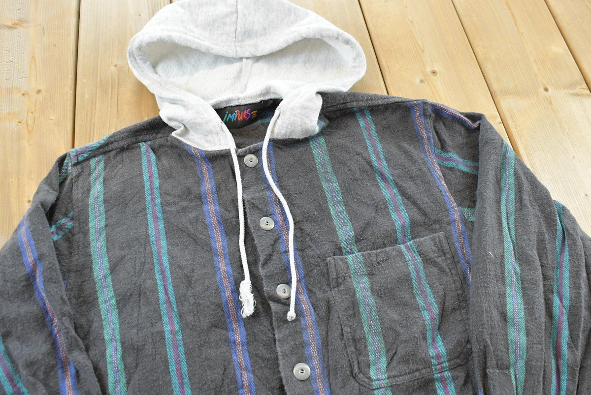 Vintage 1990s Impulse Hooded Striped Flannel Button Up Shirt Mens Men's Large from propervintagecanada