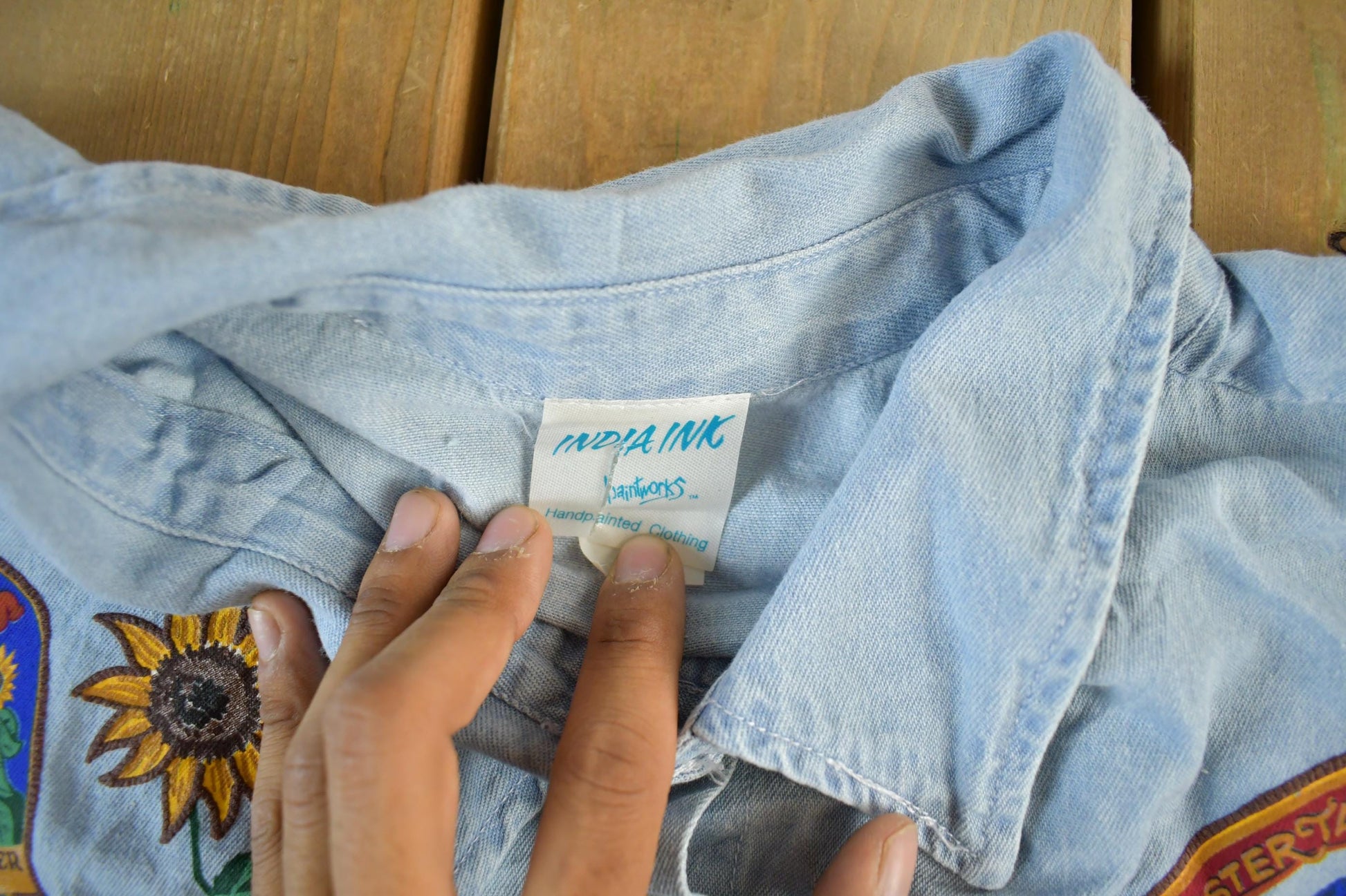 Vintage 1990s India Ink Hand Painted Denim Button Up Shirt Women's 3X from propervintagecanada