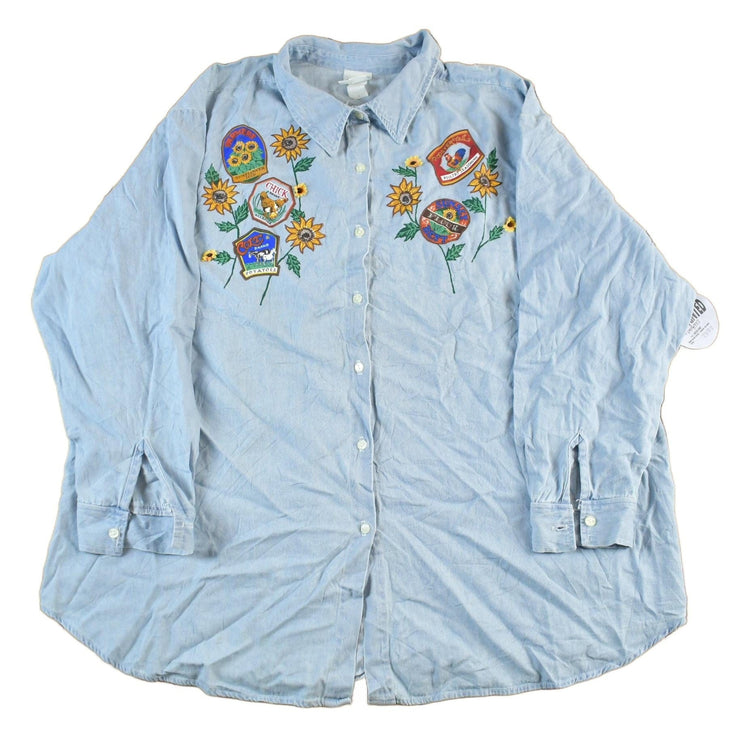 Vintage 1990s India Ink Hand Painted Denim Button Up Shirt Women's 3X from propervintagecanada