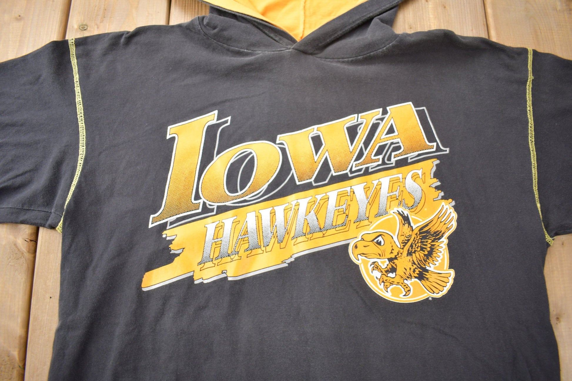 Vintage 1990s Iowa Hawkeyes Collegiate Hooded T-Shirt / NCAA Tee / Americana / Sportswear / The University Of Iowa from propervintagecanada