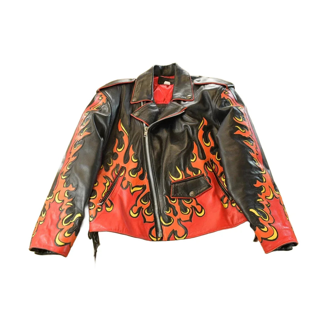 Vintage 1990s Ira Hoss Custom Flames Skull Leather Motorcycle Jacket Men's L from propervintagecanada