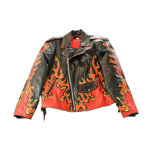 Vintage 1990s Ira Hoss Custom Flames Skull Leather Motorcycle Jacket Men's L from propervintagecanada
