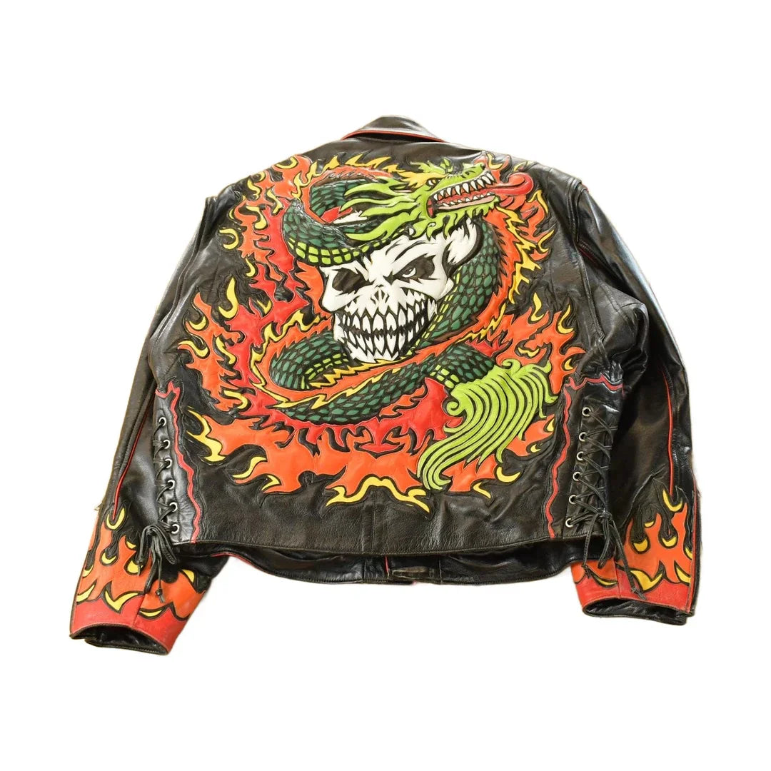 Vintage 1990s Ira Hoss Custom Flames Skull Leather Motorcycle Jacket Men's L from propervintagecanada