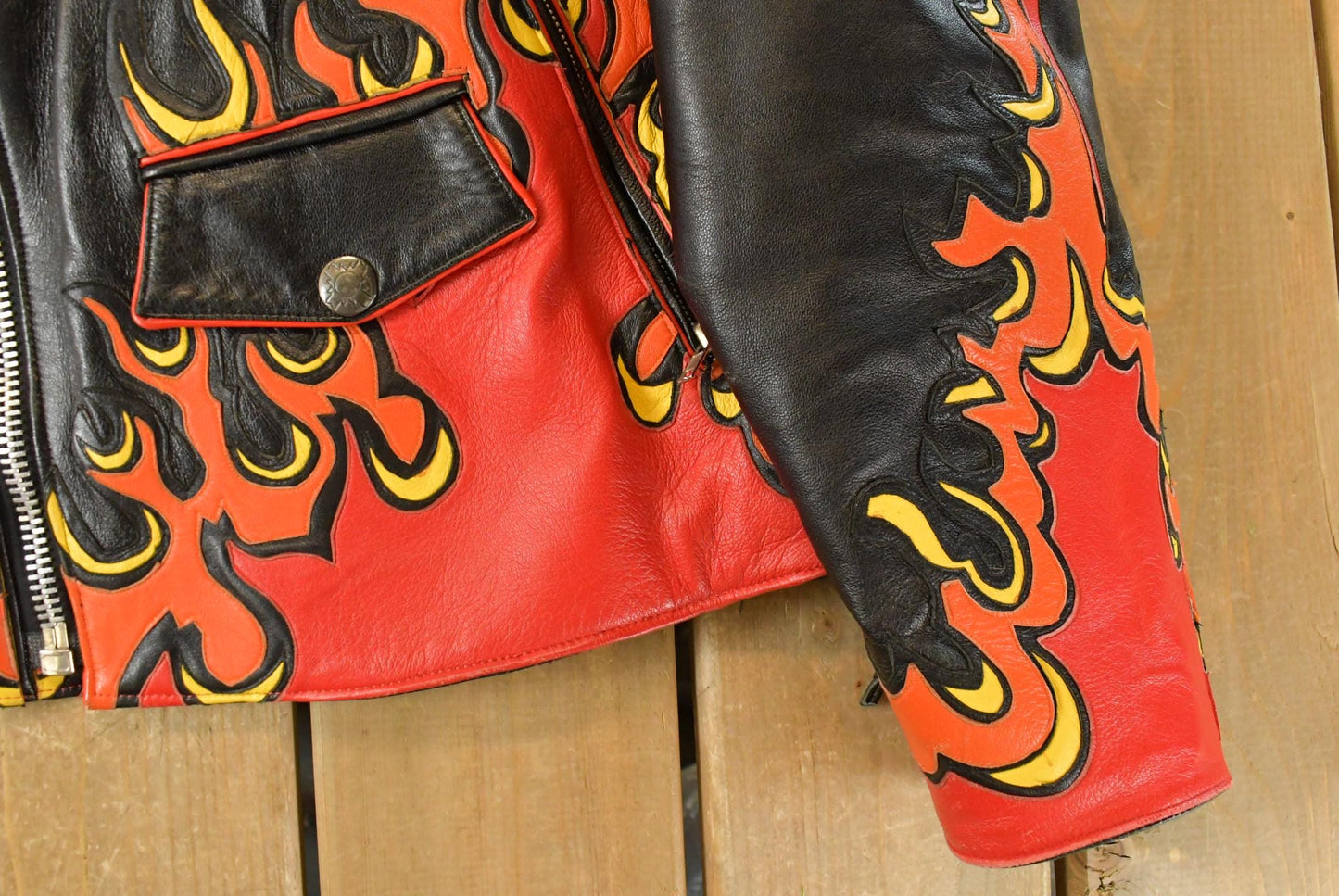 Vintage 1990s Ira Hoss Custom Flames Skull Leather Motorcycle Jacket Men's L from propervintagecanada