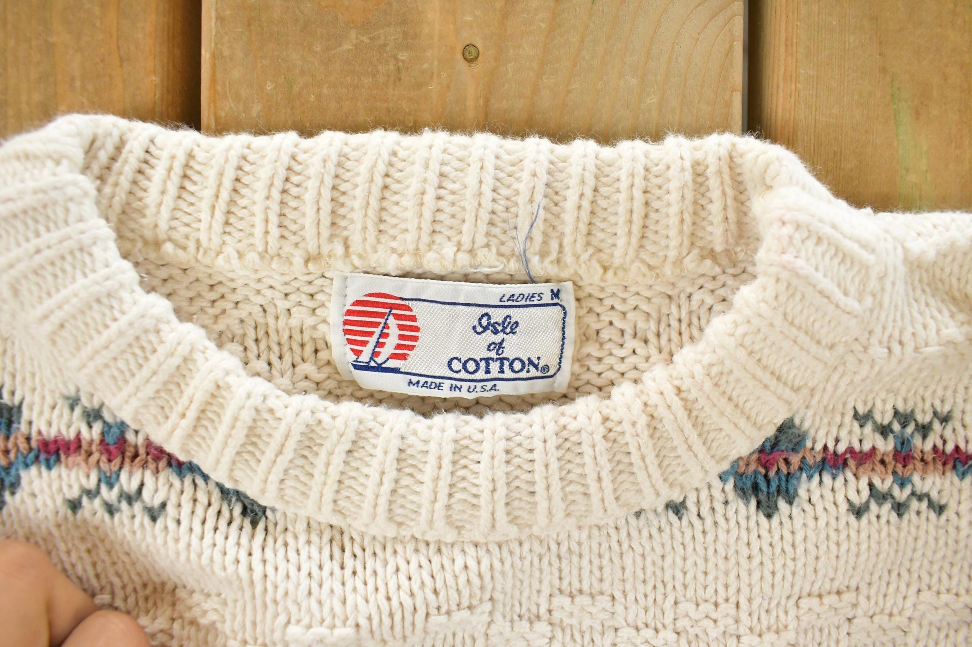 Vintage 1990s Isle of Cotton Abstract Knit Crewneck Sweater Women's Medium from propervintagecanada