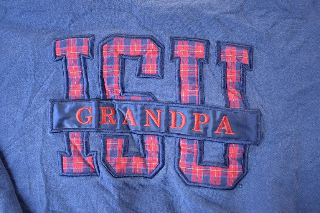 Vintage 1990s ISU Grandpa Plaid Letter University Collegiate Crewneck / Embroidered / NCAA Sweatshirt / Sportswear / Americana from propervintagecanada