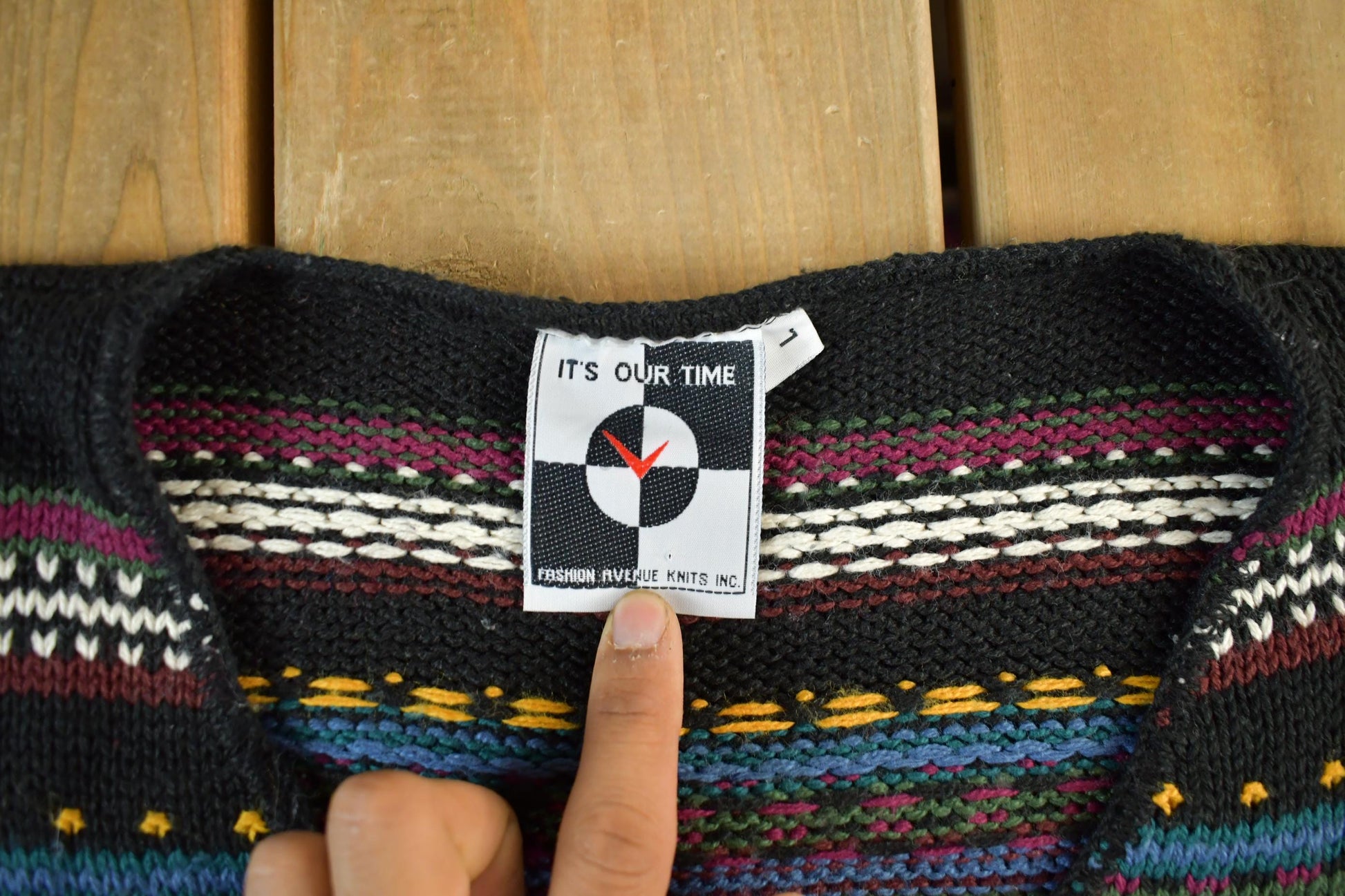 Vintage 1990s It's Our Time Knit Abstract Pattern V Neck Sweater Men's Large from propervintagecanada