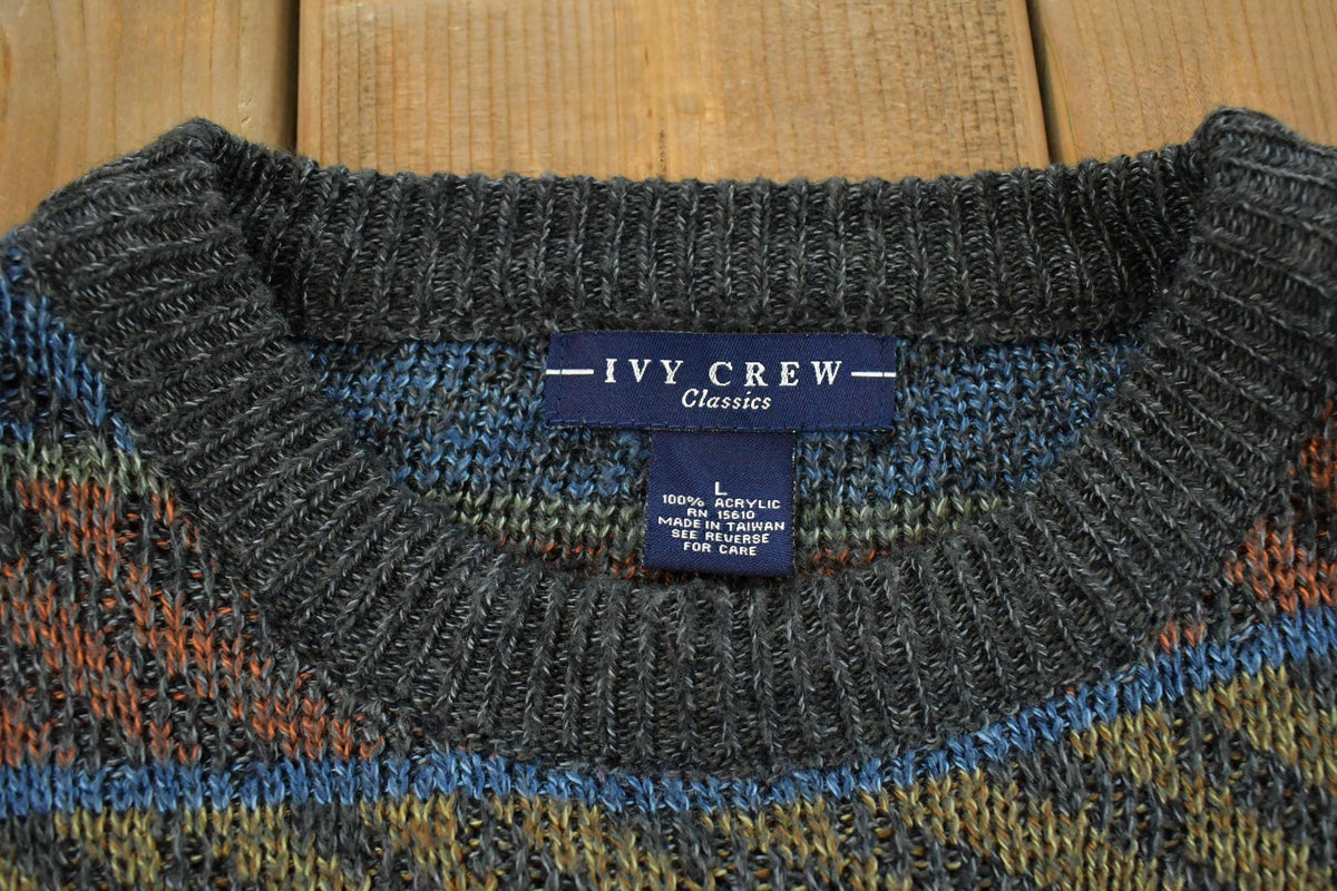 Vintage 1990s Ivy Crew Abstract Striped Knit Crewneck Sweater Men's Large from propervintagecanada