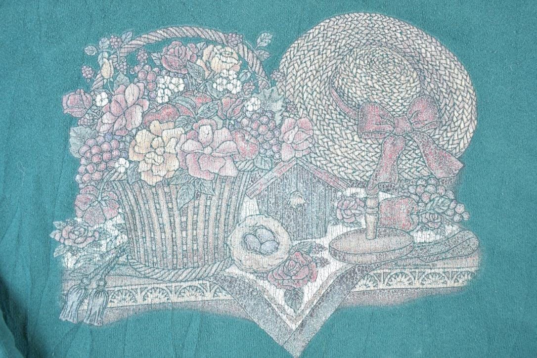 Vintage 1990s J Lauren Floral Garden Souvenir Crewneck Sweatshirt Made In USA Men's 2XL from propervintagecanada