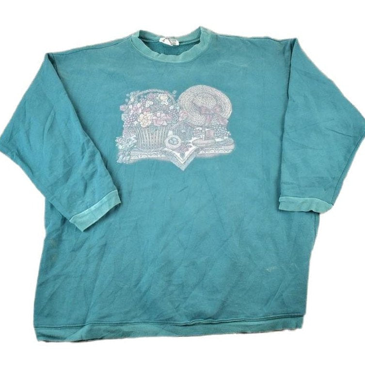 Vintage 1990s J Lauren Floral Garden Souvenir Crewneck Sweatshirt Made In USA Men's 2XL from propervintagecanada