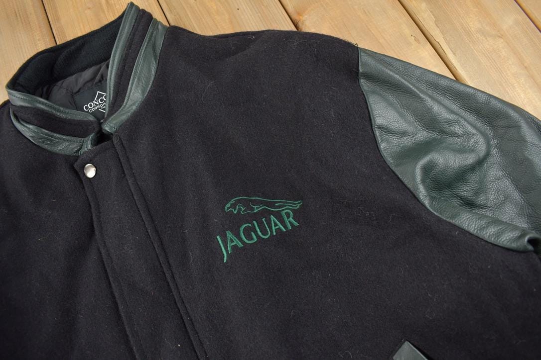 Vintage 1990s Jaguar Embroidered Leather & Wool Jacket Made In Canada Men's XL from propervintagecanada