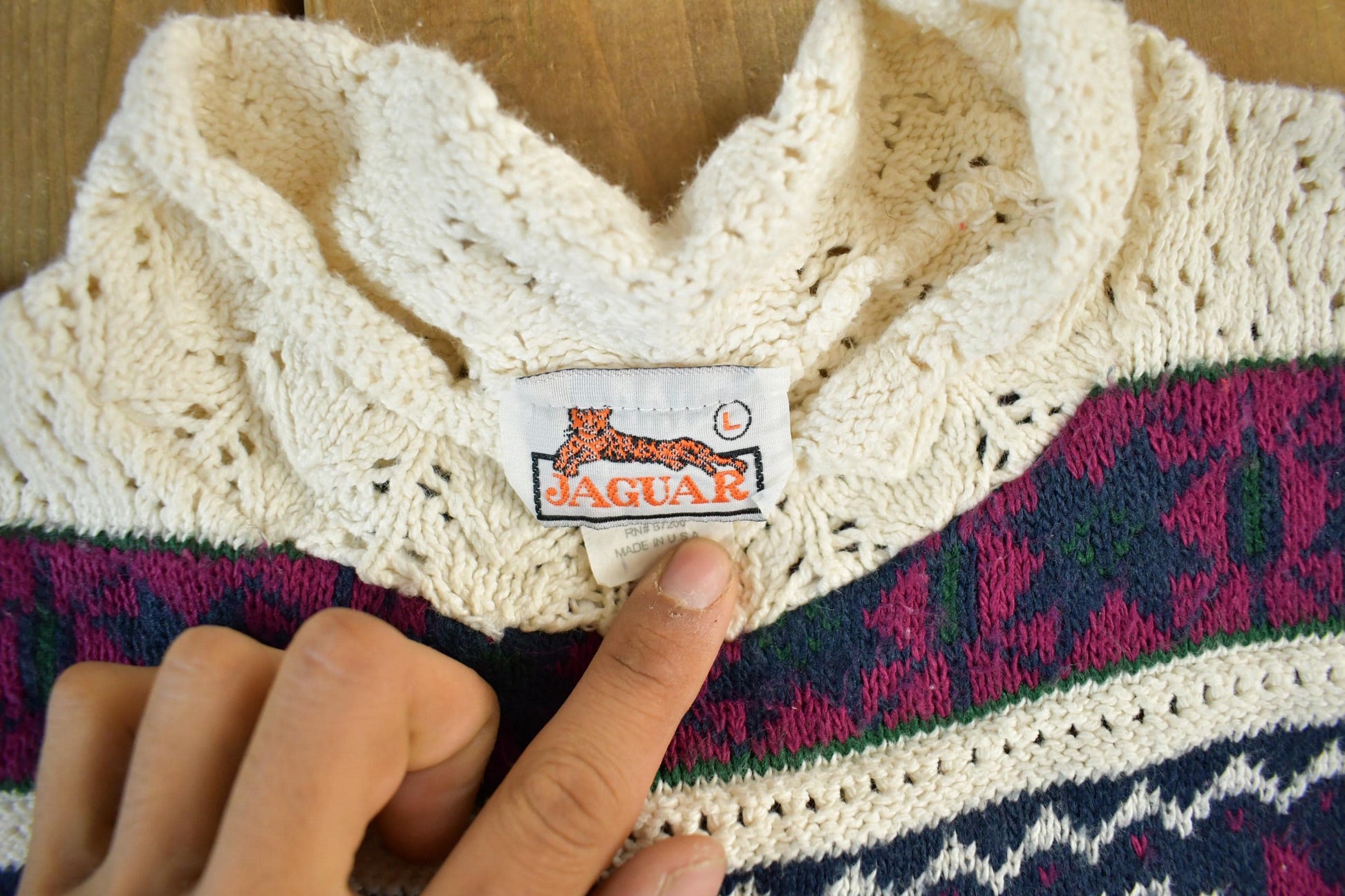 Vintage 1990s Jaguar Knit Floral Theme Crewneck Sweater Men's Large from propervintagecanada