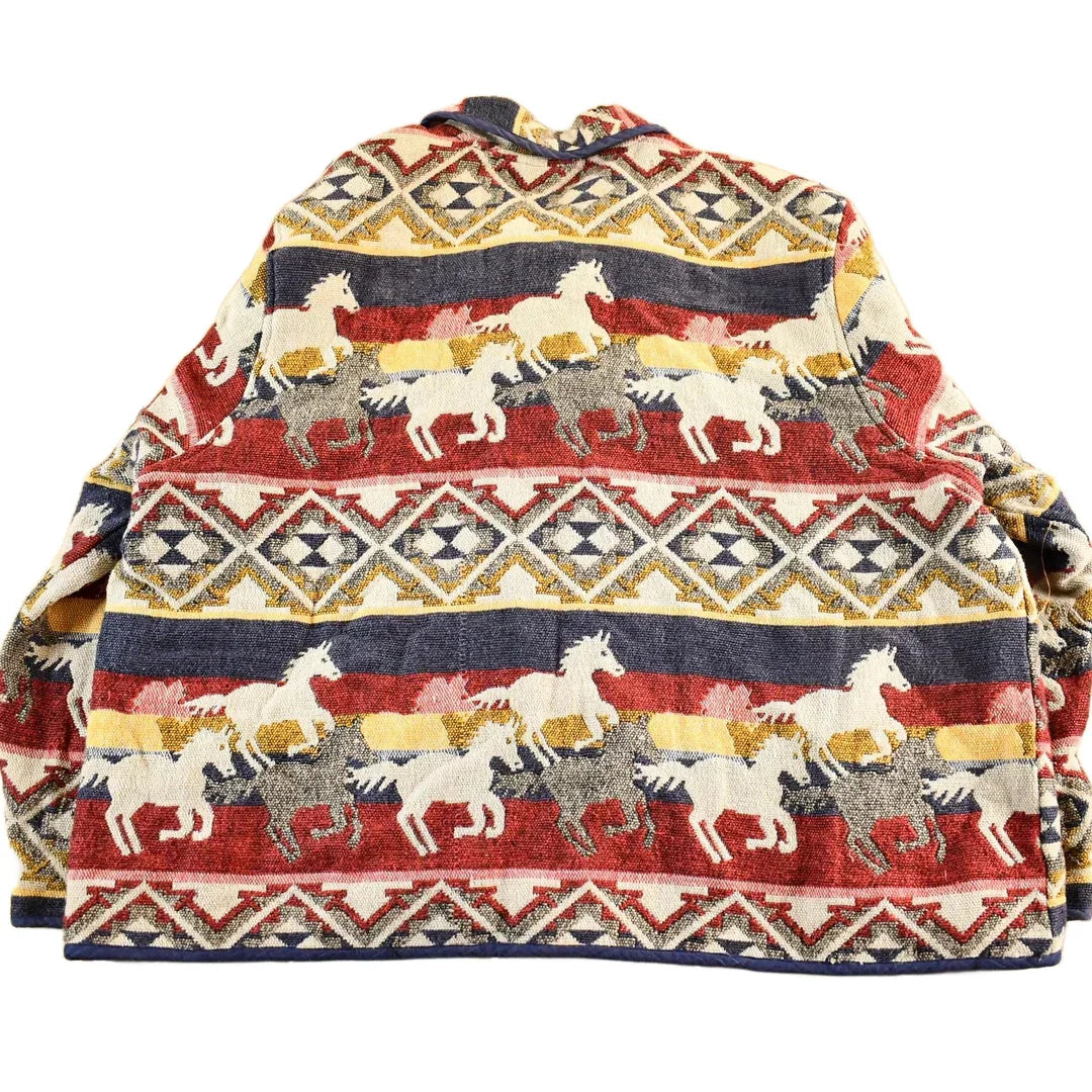 Vintage 1990s Jane Ashley Horses Animal Print Tapestry Patchwork Knit Jacket Women's 3X from propervintagecanada