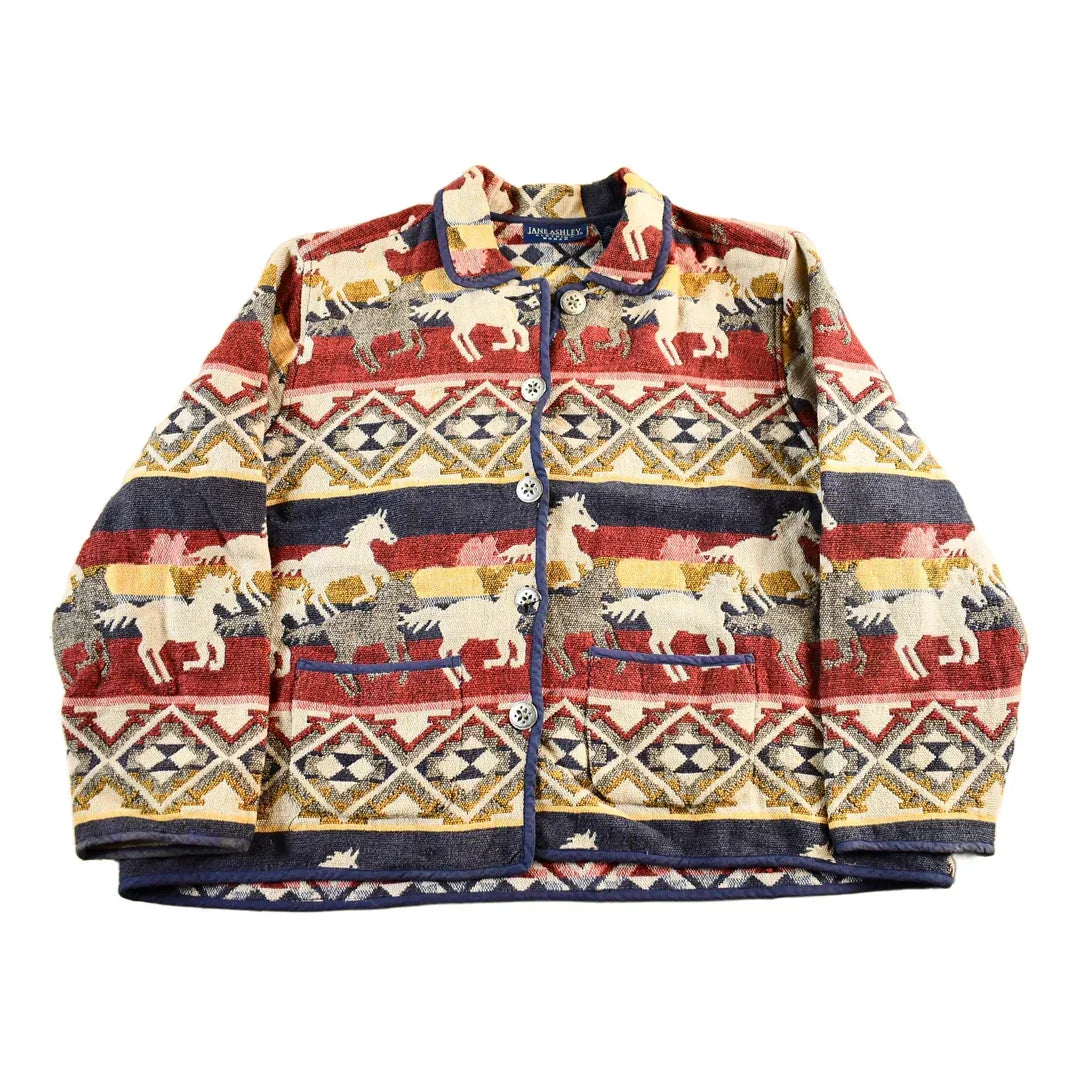 Vintage 1990s Jane Ashley Horses Animal Print Tapestry Patchwork Knit Jacket Women's 3X from propervintagecanada