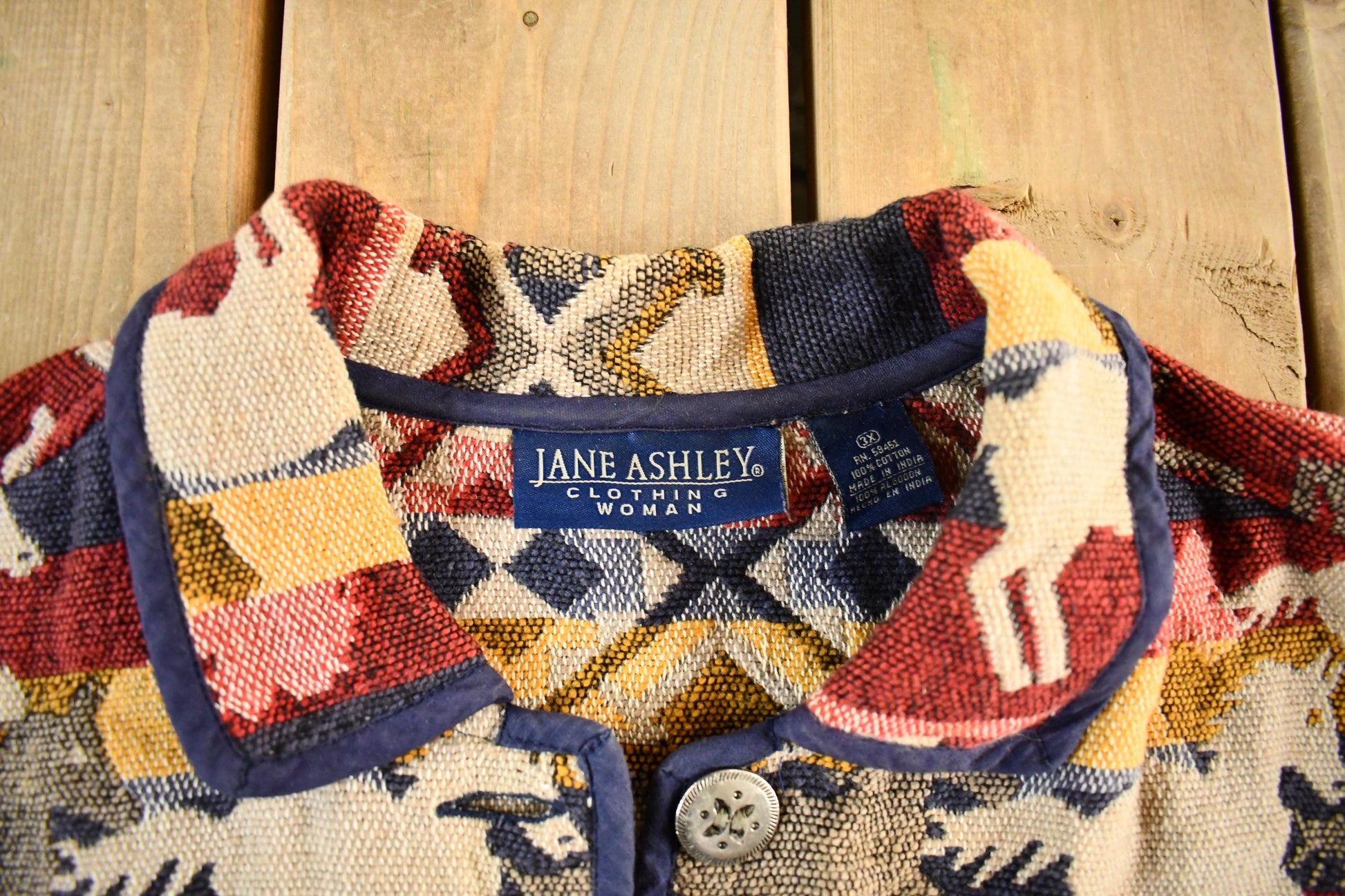 Vintage 1990s Jane Ashley Horses Animal Print Tapestry Patchwork Knit Jacket Women's 3X from propervintagecanada