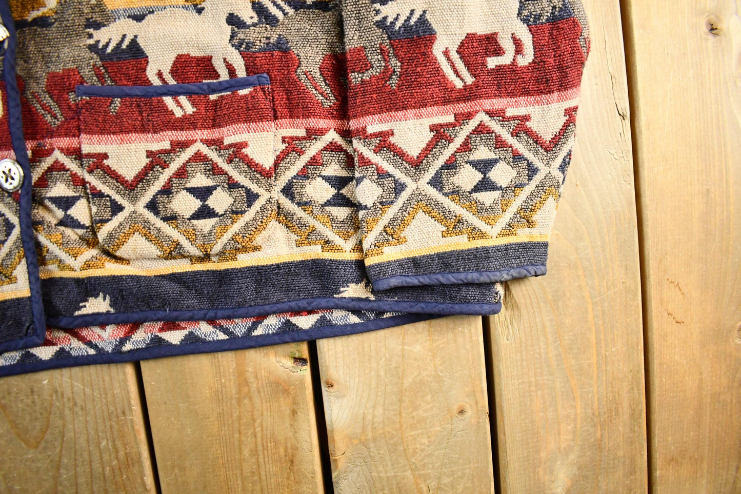 Vintage 1990s Jane Ashley Horses Animal Print Tapestry Patchwork Knit Jacket Women's 3X from propervintagecanada