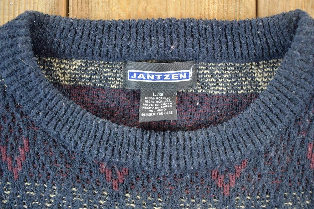 Vintage 1990s Jantzen Knit Abstract Pattern Crew Neck Sweater Mens L from propervintagecanada