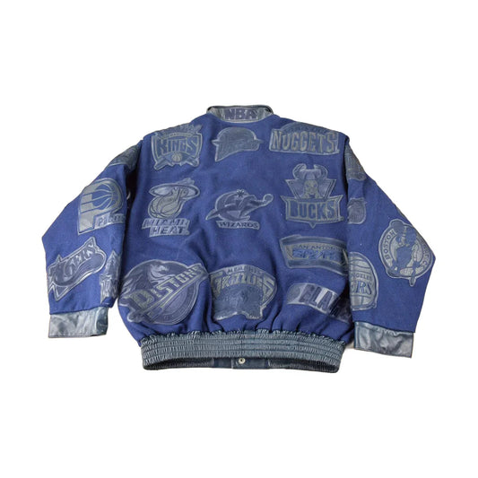 Vintage 1990s Jeff Hamilton NBA Basketball Team Logo Leather Patchwork Wool Jacket Men's 3XL from propervintagecanada