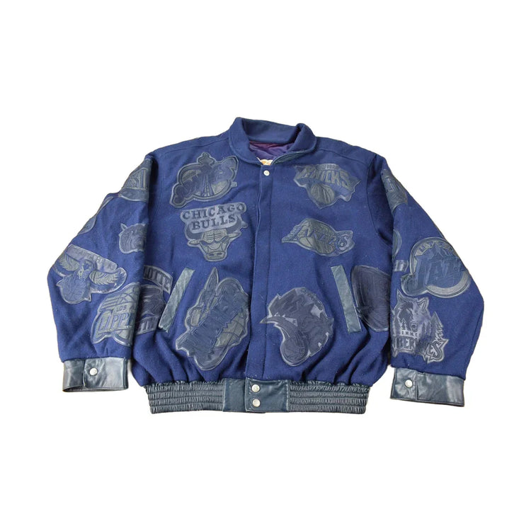 Vintage 1990s Jeff Hamilton NBA Basketball Team Logo Leather Patchwork Wool Jacket Men's 3XL from propervintagecanada