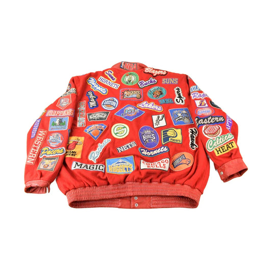 Vintage 1990s Jeff Hamilton NBA Basketball Team Logo Patchwork Wool Jacket from propervintagecanada