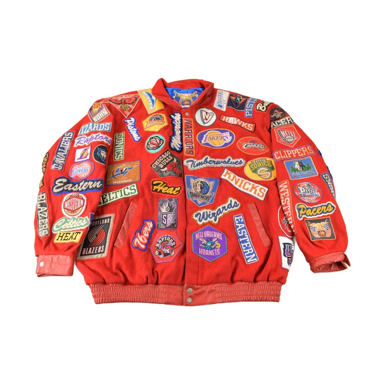Vintage 1990s Jeff Hamilton NBA Basketball Team Logo Patchwork Wool Jacket from propervintagecanada