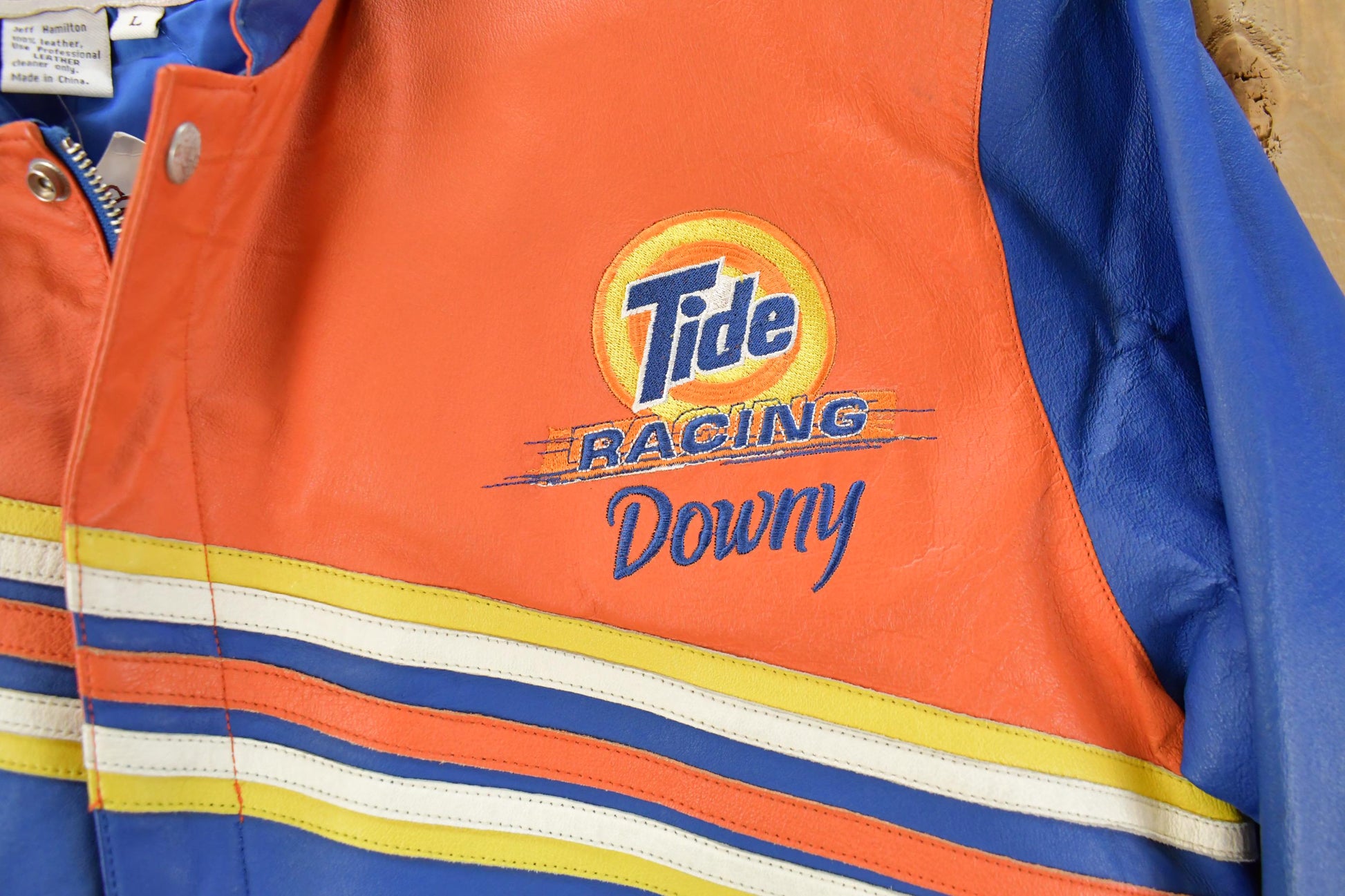Vintage 1990s Jeff Hamilton Tide Racing Leather Bomber Jacket Men's Large from propervintagecanada