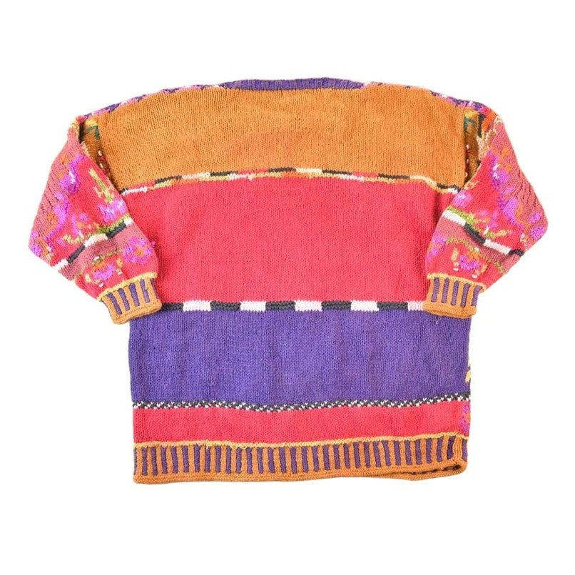 Vintage 1990s Jennifer Reed Knitted By Hand Chunky Knit AOP Abstract Floral Pattern Crewneck Sweater Women's L from propervintagecanada