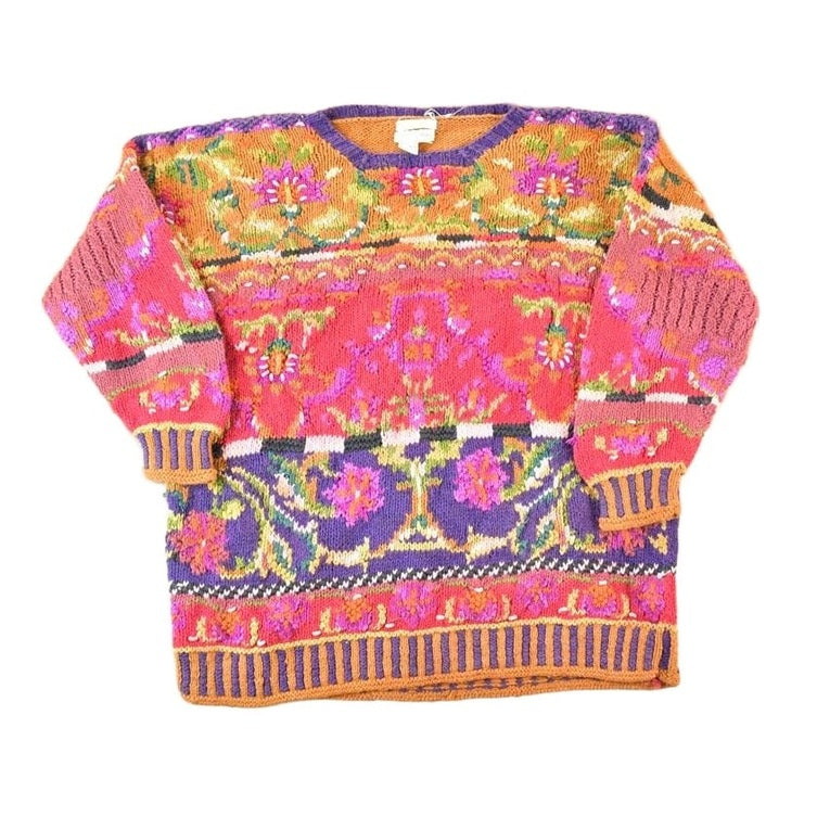 Vintage 1990s Jennifer Reed Knitted By Hand Chunky Knit AOP Abstract Floral Pattern Crewneck Sweater Women's L from propervintagecanada