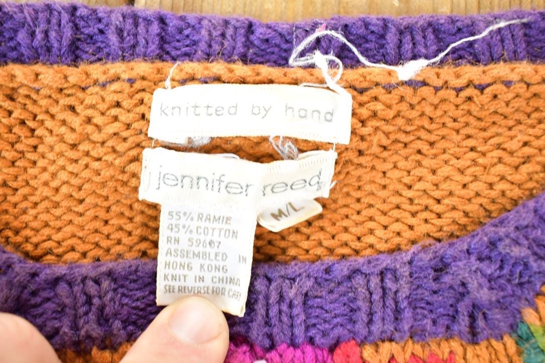 Vintage 1990s Jennifer Reed Knitted By Hand Chunky Knit AOP Abstract Floral Pattern Crewneck Sweater Women's L from propervintagecanada