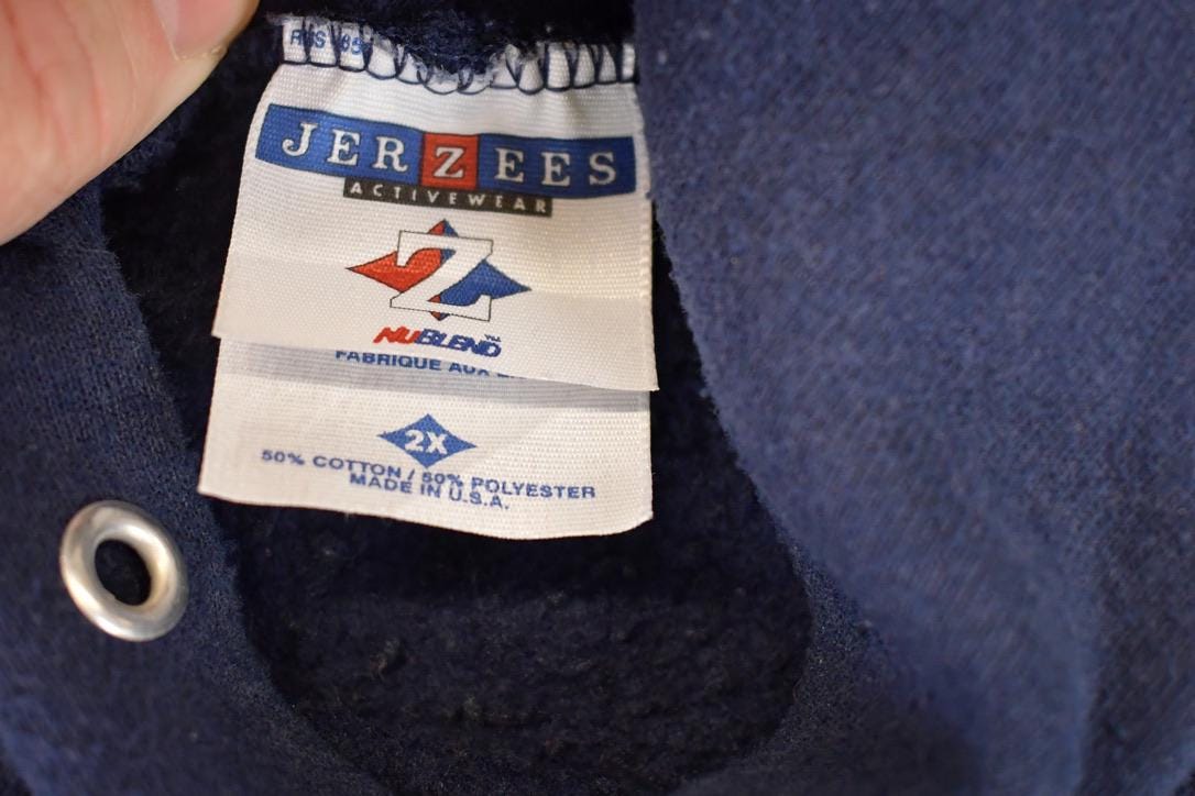 Vintage 1990s Jerzees Blank Navy Hoodie Sweatshirt Men's L from propervintagecanada