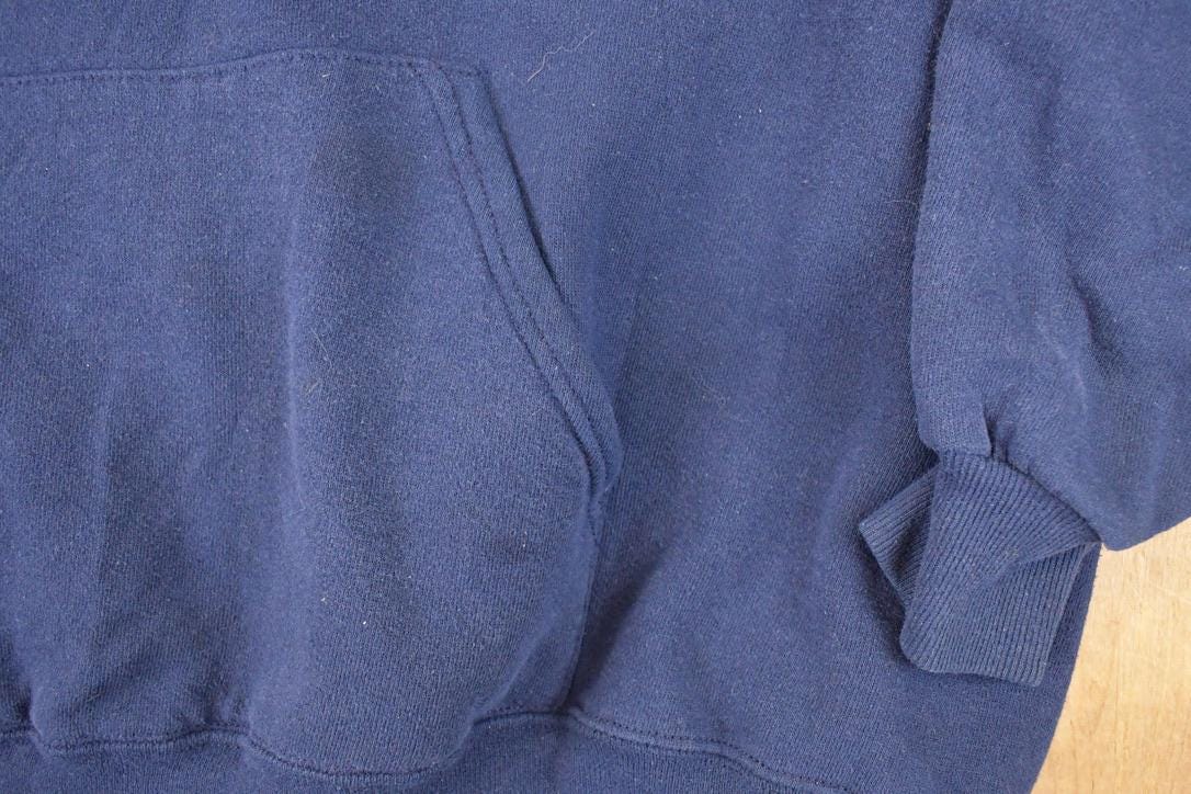 Vintage 1990s Jerzees Blank Navy Hoodie Sweatshirt Men's L from propervintagecanada