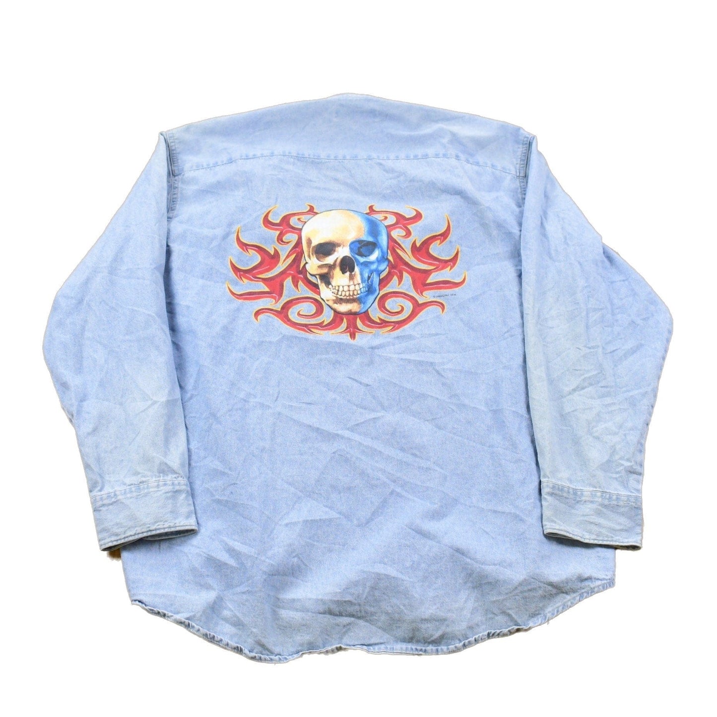 Vintage 1990s Jerzees Skull Back Print Denim Button Up Shirt Men's XL from propervintagecanada