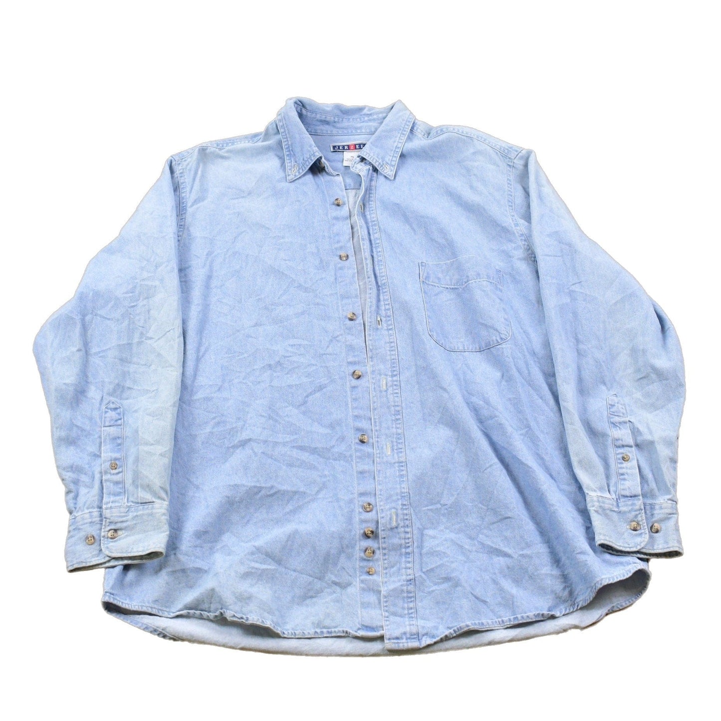Vintage 1990s Jerzees Skull Back Print Denim Button Up Shirt Men's XL from propervintagecanada