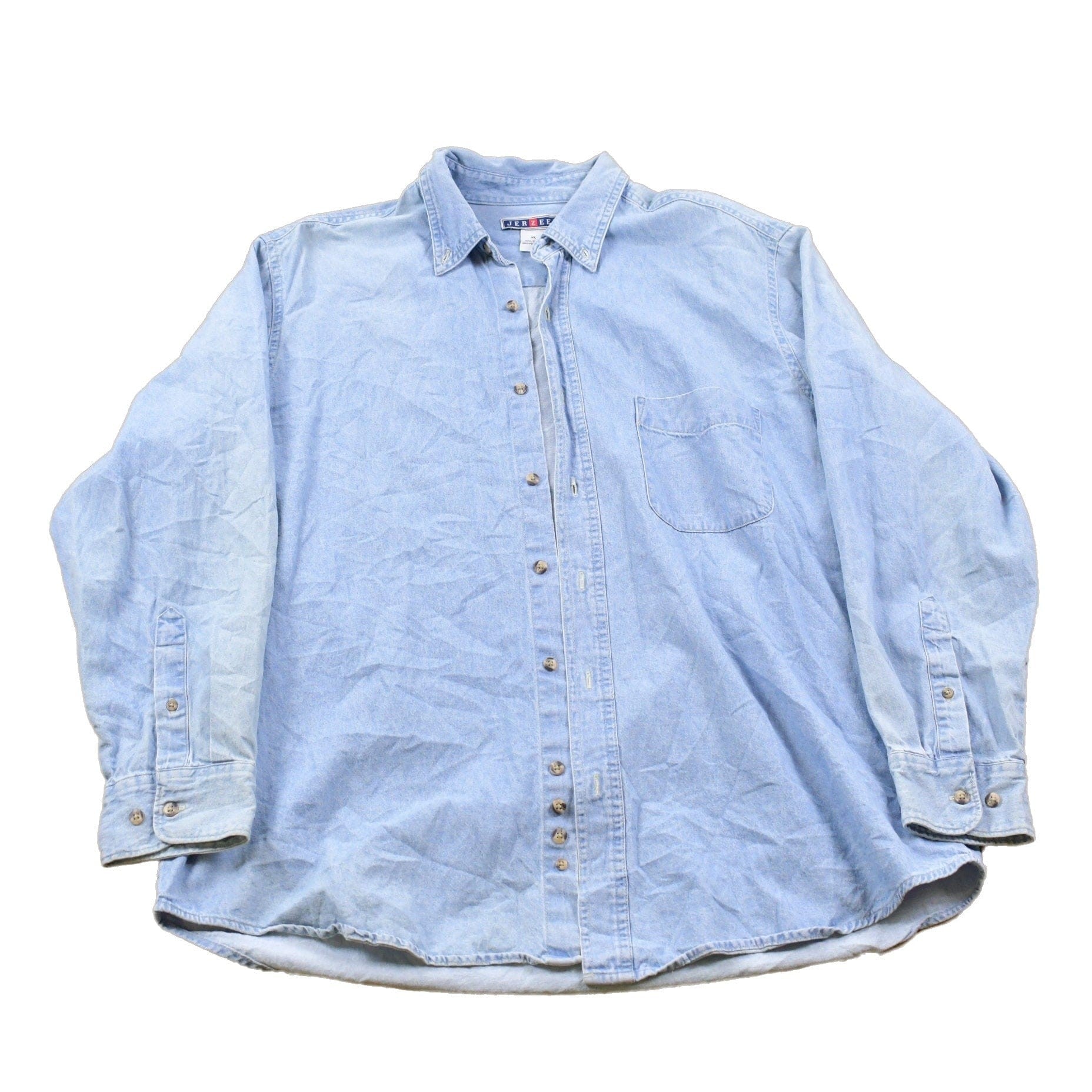 Vintage 1990s Jerzees Skull Back Print Denim Button Up Shirt Men's XL from propervintagecanada