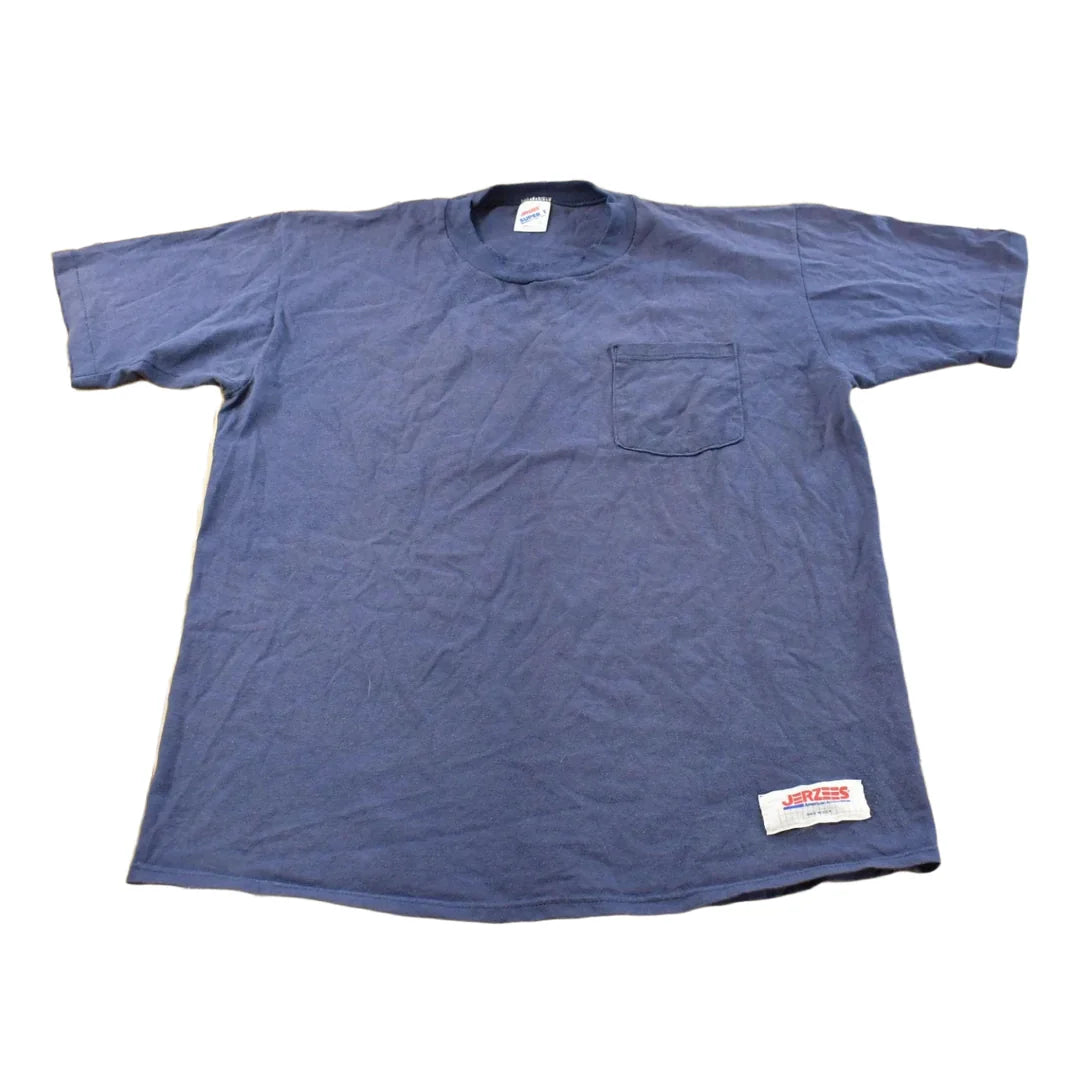 Vintage 1990s Jerzees Super T Blue Blank Pocket T-Shirt Men's L from propervintagecanada
