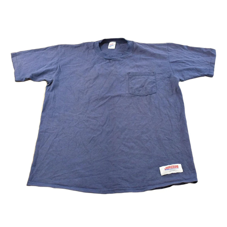 Vintage 1990s Jerzees Super T Blue Blank Pocket T-Shirt Men's L from propervintagecanada