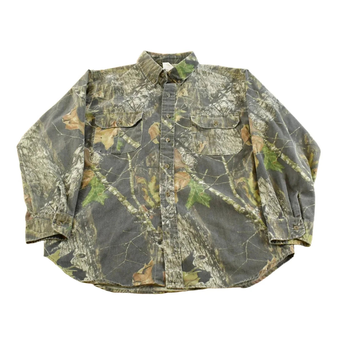 Vintage 1990s Jerzees Tree Camo Button Up Shirt Men's L from propervintagecanada