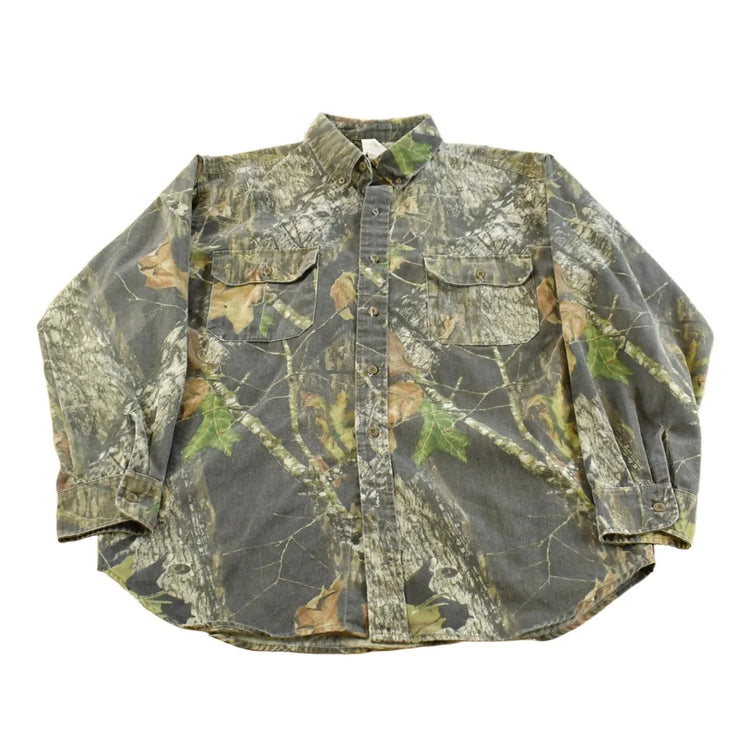 Vintage 1990s Jerzees Tree Camo Button Up Shirt Men's L from propervintagecanada