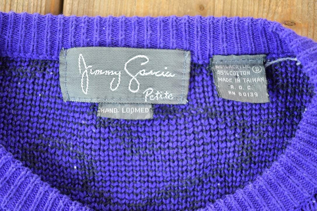 Vintage 1990s Jimmy Garcia Petite Hand Loomed Knit Abstract Pattern Cardigan Sweater Women's M from propervintagecanada