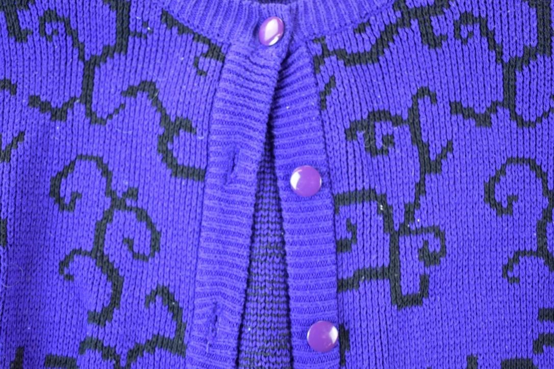 Vintage 1990s Jimmy Garcia Petite Hand Loomed Knit Abstract Pattern Cardigan Sweater Women's M from propervintagecanada