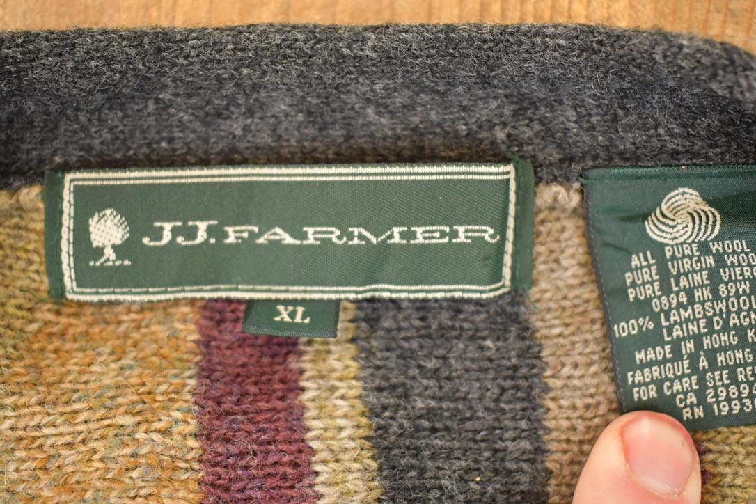 Vintage 1990s JJ Farmer Wool Knit V Neck Sweater Men's XL from propervintagecanada