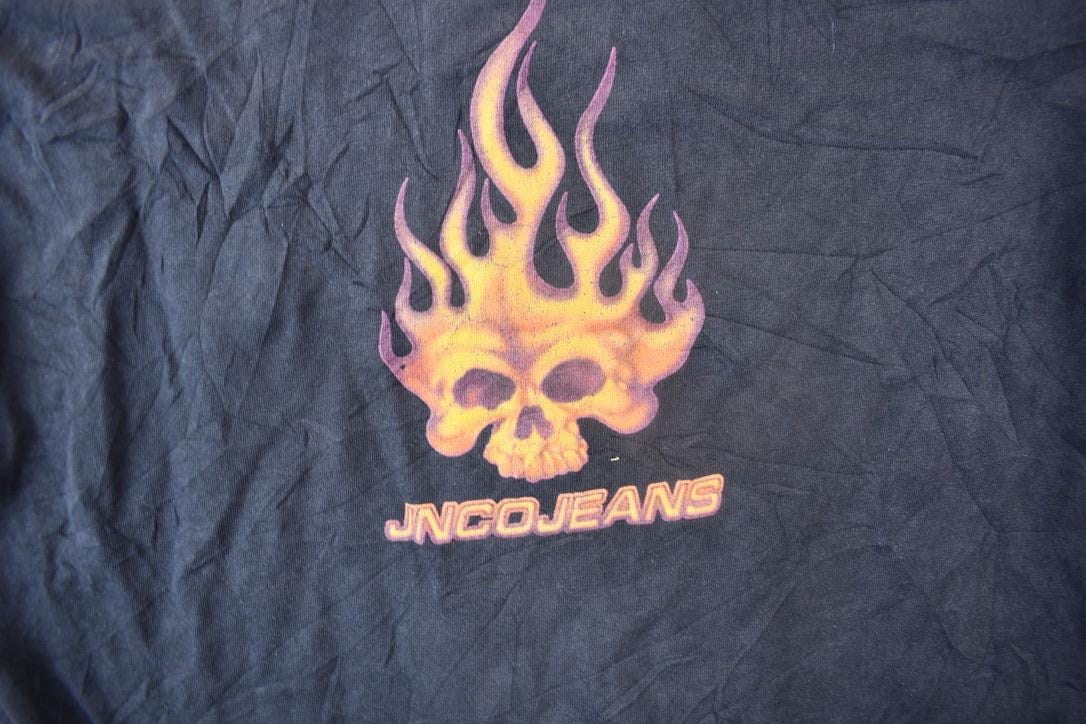 Vintage 1990s JNCO Jeans Skull Flame Graphic T Shirt Men's Large from propervintagecanada