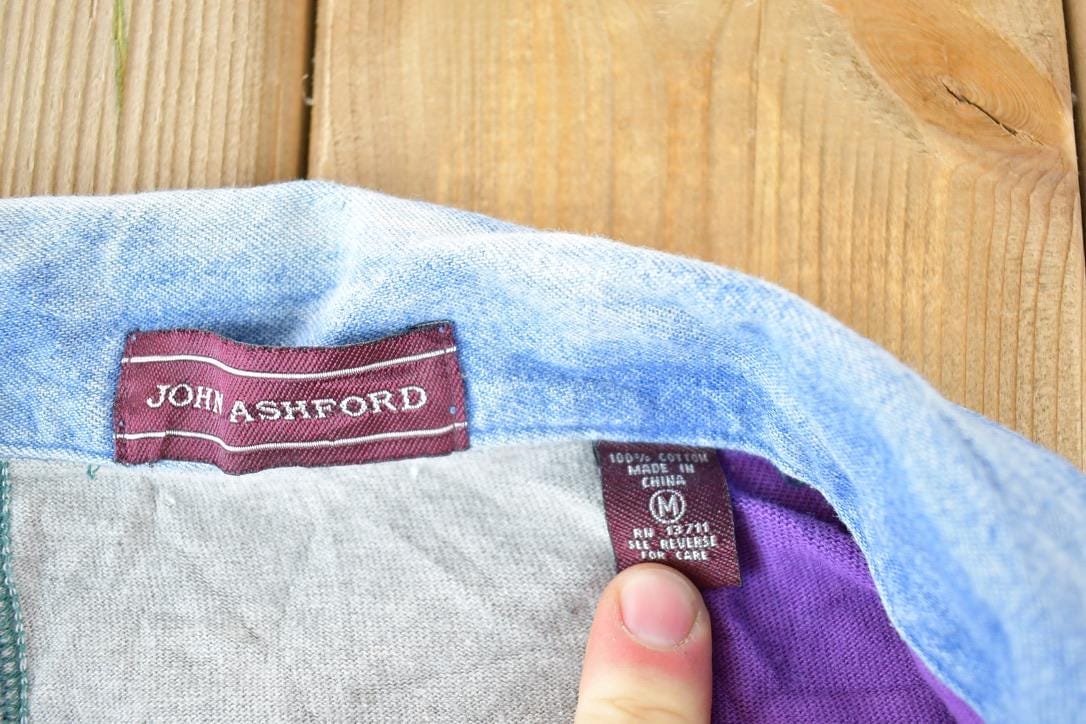 Vintage 1990s John Ashford Quarter Button Striped Souvenir Sweatshirt Made In USA Men's Medium from propervintagecanada