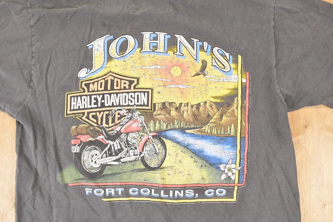 Vintage 1990s John's Fort Collins Harley Davidson Motorcycles Biker T-Shirt Men's M / Made In USA / Grunge Faded Black / Grunge Aesthetic from propervintagecanada