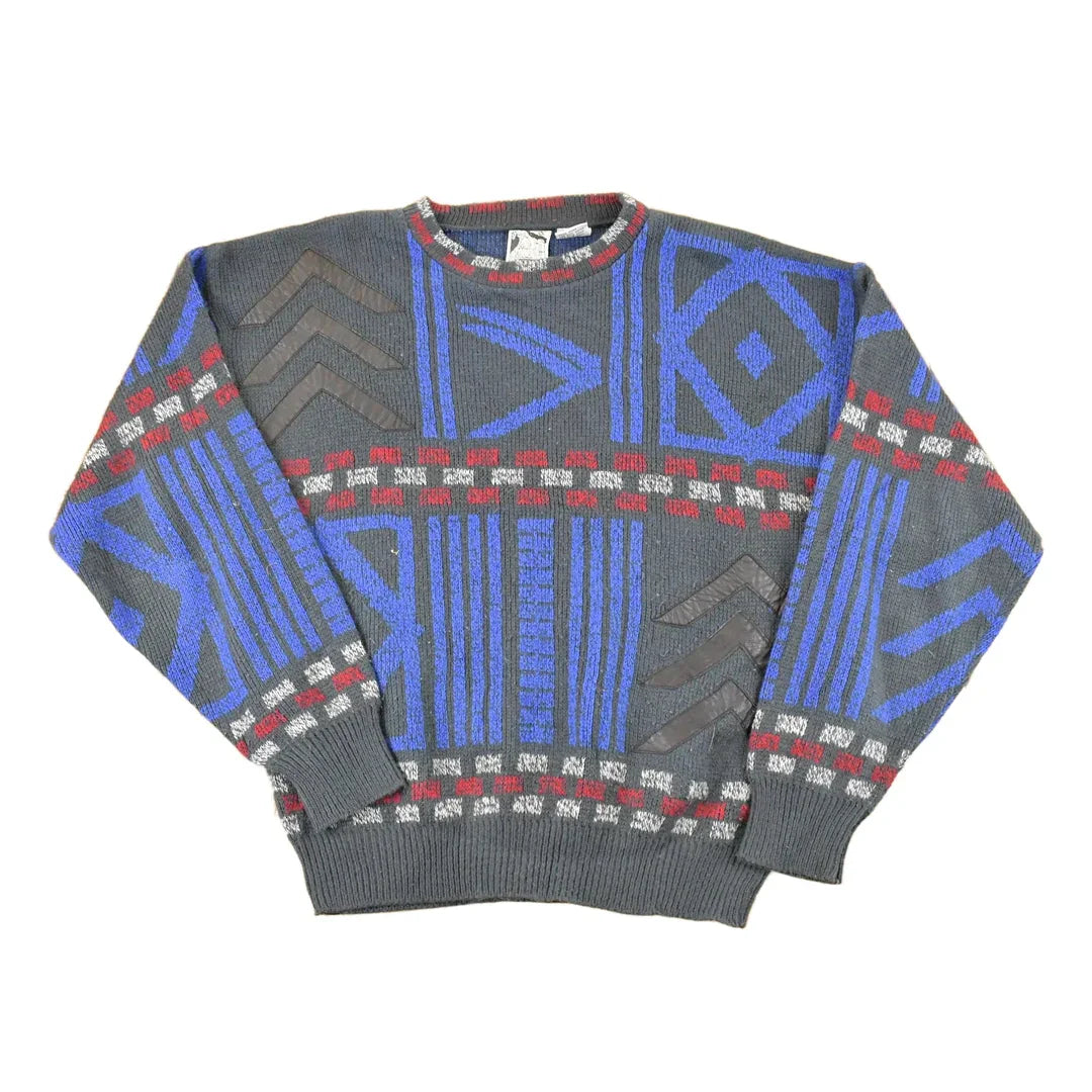 Vintage 1990s K Cosa Leather Patch Abstract Knit Crewneck Sweater Men's L from propervintagecanada