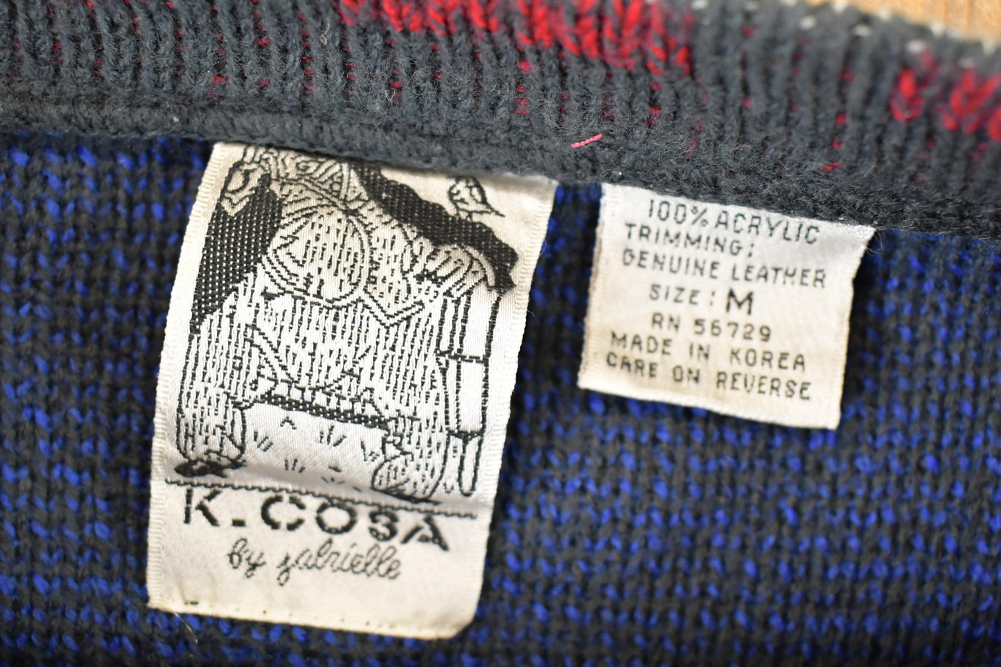 Vintage 1990s K Cosa Leather Patch Abstract Knit Crewneck Sweater Men's L from propervintagecanada